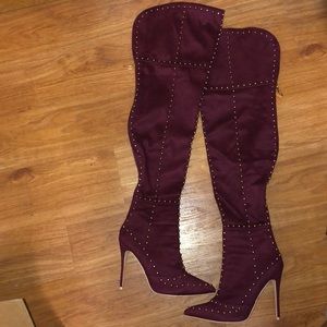 Gold studded Wine/Burgundy color Thigh high boots.